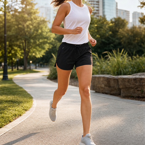 Woman running in black Velora AeroFlex quick-dry shorts