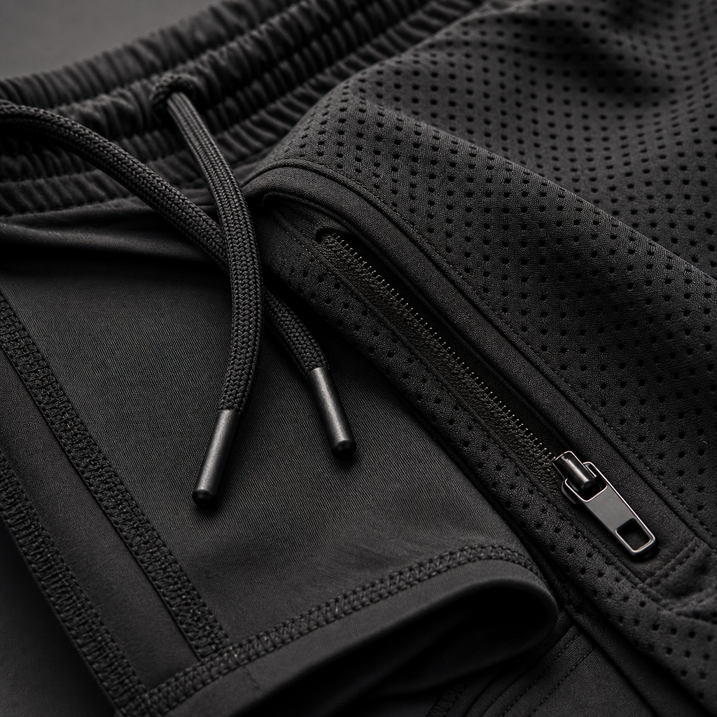 ApexLayer mesh fabric zipper drawcord and flatlock seam detail