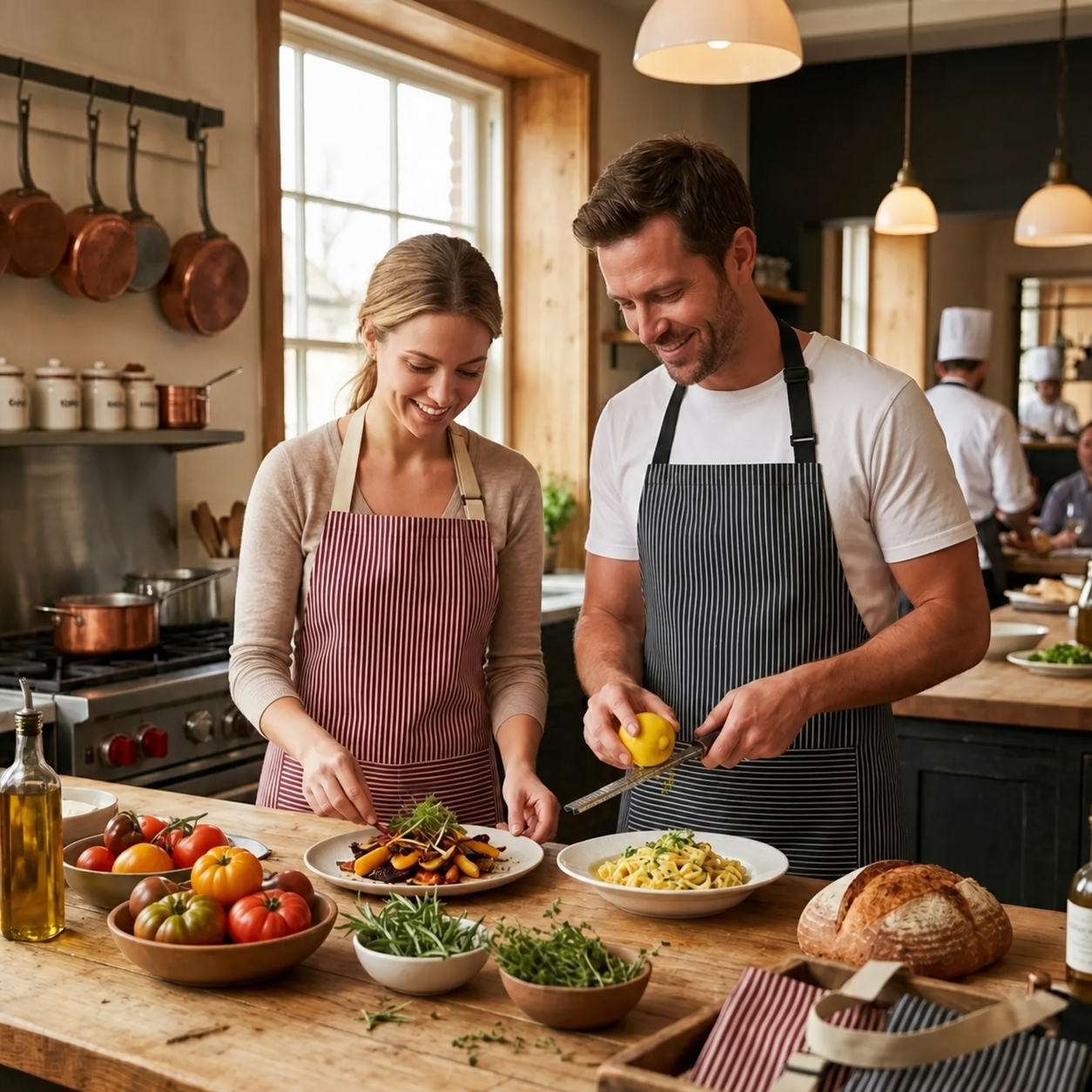 Two people wearing vevolora StudioPair aprons