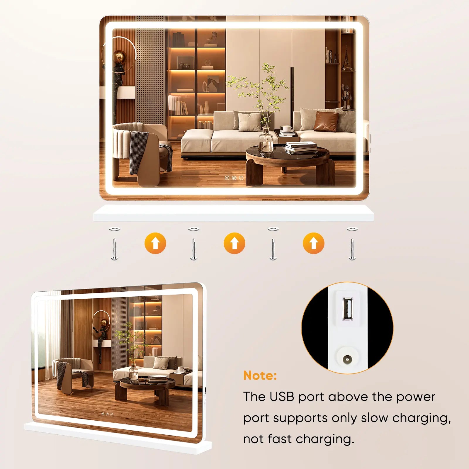 Vevolora vanity mirror USB slow-charge port and power input