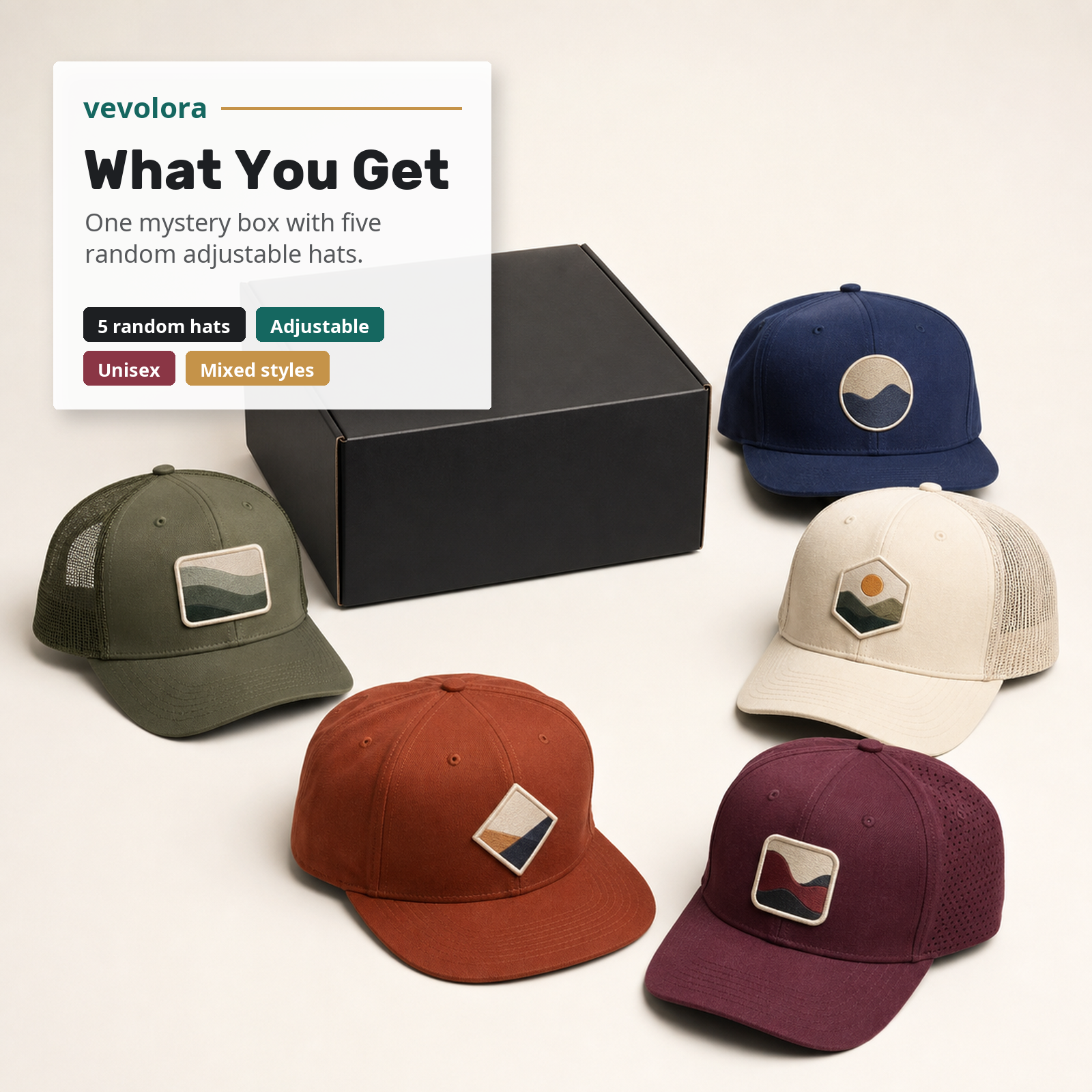 One box and five random hats specification image