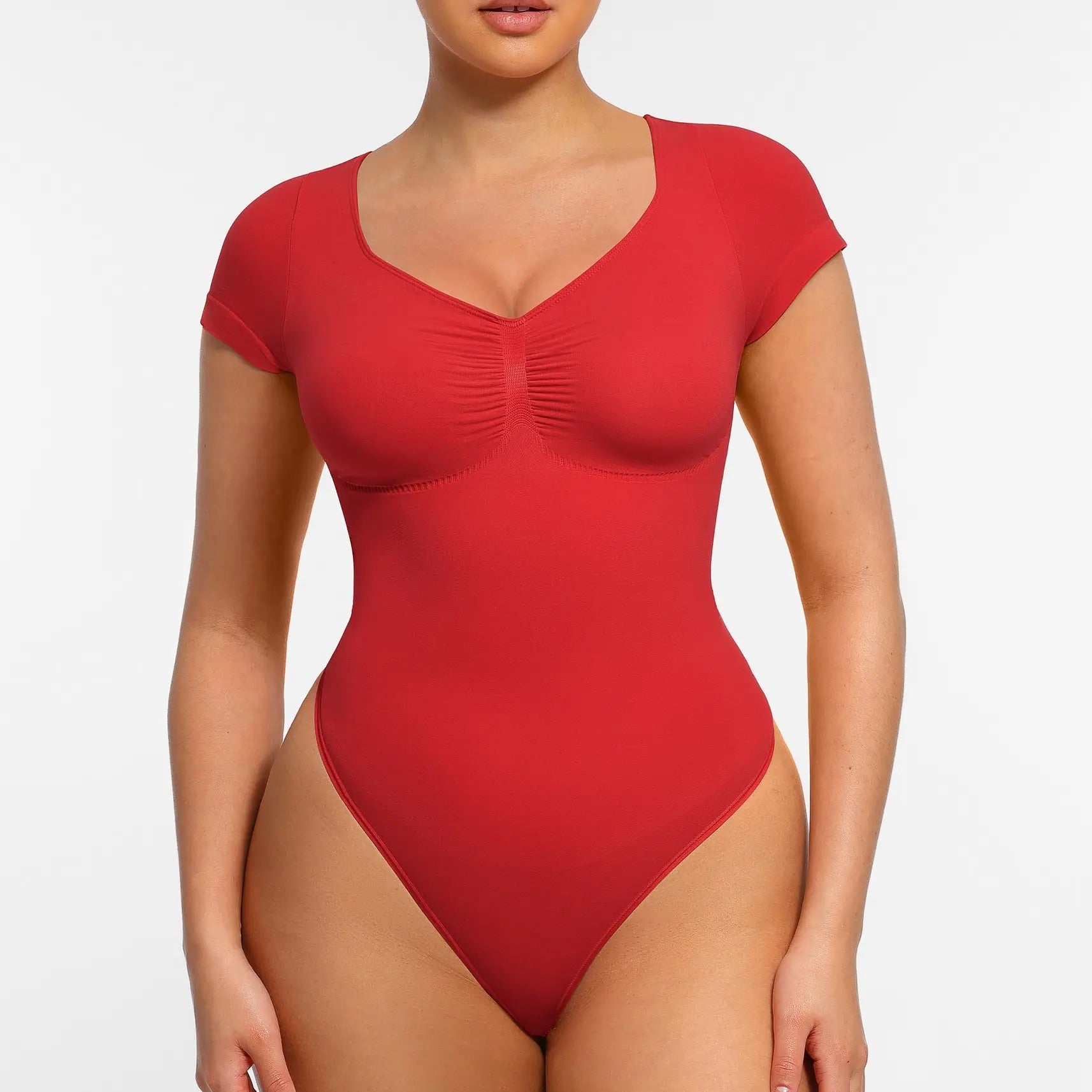Puce Red V-neck shaping bodysuit front fit