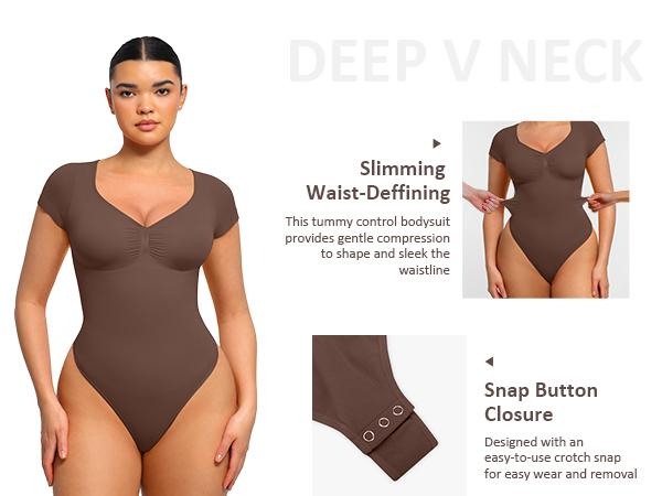 Deep V neckline and waist-defining compression